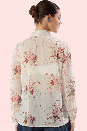 Kadın Regular Boy Şifon Gömlek Çiçek Desenli Boyundan Bağlamalı Standart Kol Günlük Kullanım
