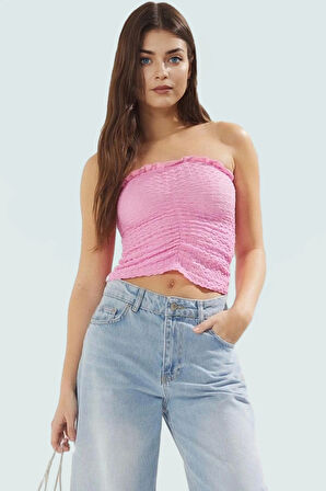 Straplez Büzgü Detaylı Örme Bluz Fitted Yazlık Esnek Modern Stil Özel Tasarım Mükemmel Uyum