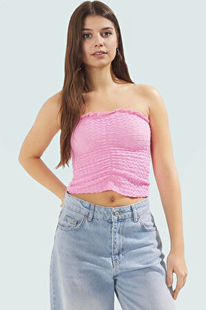 Straplez Büzgü Detaylı Örme Bluz Fitted Yazlık Esnek Modern Stil Özel Tasarım Mükemmel Uyum