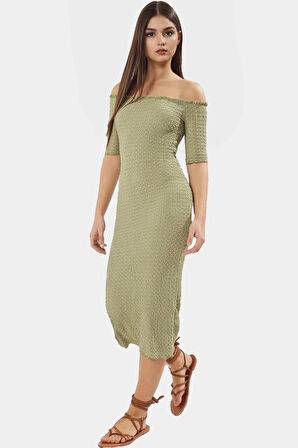 Bodycon Midi Elbise Carmen Yaka Renk Gofre Dokuma Örme Kumaş Uzun Ömürlü Rahat Ve Şık