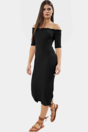 Bodycon Midi Elbise Carmen Yaka Renk Gofre Dokuma Örme Kumaş Uzun Ömürlü Rahat Ve Şık