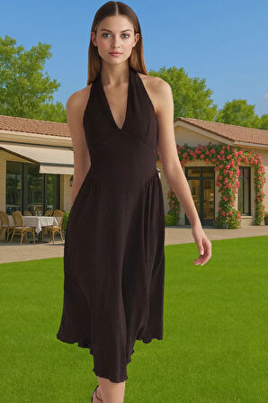 Bürümcük Dokuma Detaylı A Kesim Abiye Elbise Polyester Yazlık Mükemmel Uyum Seçkin Malzeme