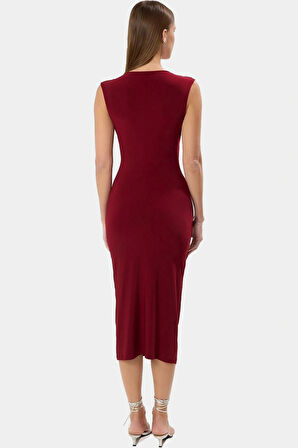 Midi Boy V Yaka Büzgü Detaylı Elbise Esnek Örme Kumaş Bodycon Kalıp 120 cm Uzunluk Premium Kalite