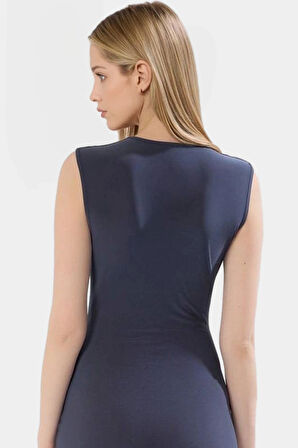 Midi Boy V Yaka Büzgü Detaylı Elbise Esnek Örme Kumaş Bodycon Kalıp 120 cm Uzunluk Premium Kalite