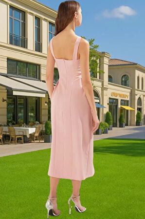 Feminen V Yaka Midi Abiye Elbise Cep Detaylı Dokuma Kumaş Dayanıklı Malzeme Dayanıklı Malzeme