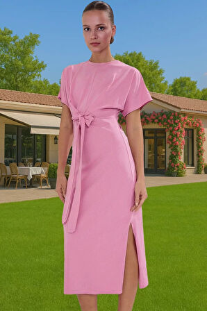 Yazlık Kadın Pamuk Midi Elbise Bodycon Kalıp Bağcıklı Tasarım Modern Stil Profesyonel Görünüm