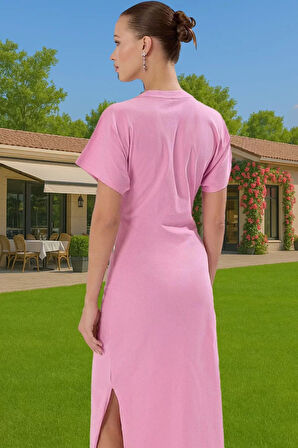 Yazlık Kadın Pamuk Midi Elbise Bodycon Kalıp Bağcıklı Tasarım Modern Stil Profesyonel Görünüm