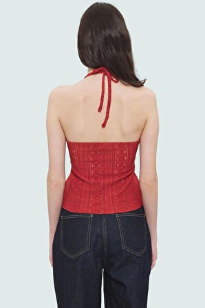 Yazlık Örme Bluz Boyundan Bağlamalı Fitted Jakarlı Desenli Rahat Ve Şık Uzun Ömürlü