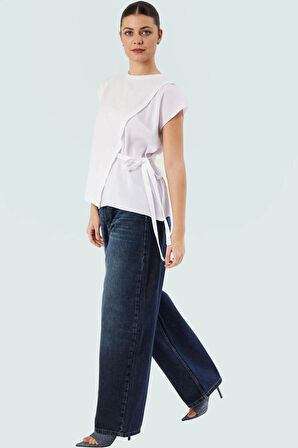 Rahat Kalıp Pamuklu Bluz Plise Detay Bisiklet Yaka Yazlık Kombinler İçin Şık Görünüm