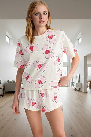 Homewear %100 Pamuklu Kalp Desenli Pijama Takımı Regular Kalıp Şık Görünüm