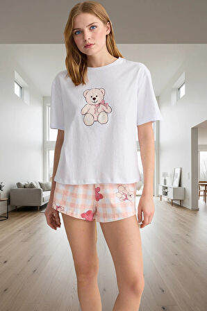 2'li Pamuklu Pijama Takımı Ayıcıklı Desenli Regular Kalıp Günlük Kullanım İçin