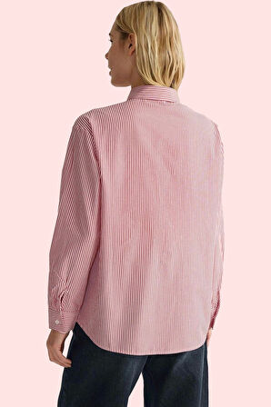 Kadın Uzun Kollu Çizgili Oversize Gömlek Dokuma Kumaş Rahat Günlük Kombinler Modern Tasarım