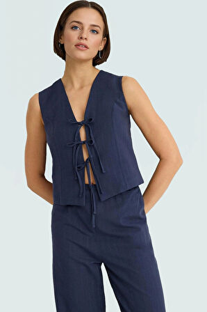 Pamuk Keten Görünümlü Bağlamalı Bluz ve Geniş Paça Pantolon Takım Uzun Boy Seçkin Malzeme