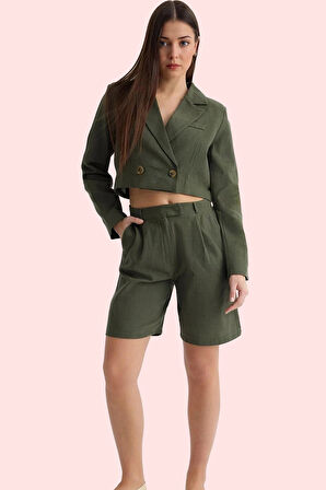 Kadın Pamuk Dokuma Kapri Şort Renk Keten Görünümlü Rahat Kesim Yaz Günlük Kullanım Hafta Sonu