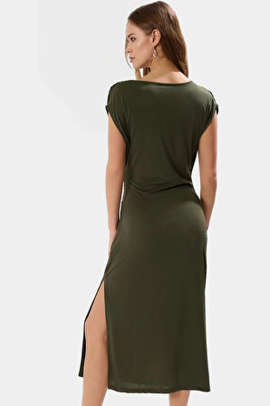 Kruvaze Midi Elbise 96% Polyester 4% Elastan 120 cm Boy Bodycon Özel Tasarım Rahat Ve Şık