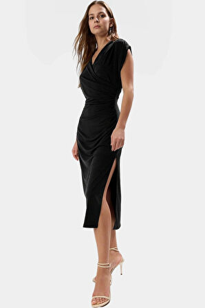 Kruvaze Midi Elbise 96% Polyester 4% Elastan 120 cm Boy Bodycon Özel Tasarım Rahat Ve Şık