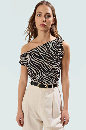 Çiçek Desenli Astarlı Polyester Bluz Asimetrik Yaka Kısa Kol Yazlık Örme Dayanıklı Malzeme