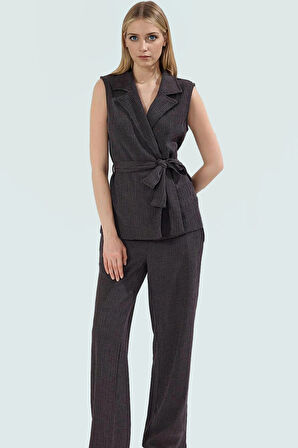 Geniş Paça Kolsuz Yelekli Pantolon Takım Örme Kumaş Günlük Stil Premium Kalite