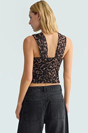 Asimetrik Yaka Leopar Desenli Örme Bluz Fitted Kalıp Yaz için Günlük Kullanım İçin Modern Stil