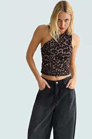 Asimetrik Yaka Leopar Desenli Örme Bluz Fitted Kalıp Yaz için Günlük Kullanım İçin Modern Stil