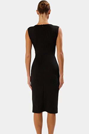 Kemerli V Yaka Örme Midi Elbise Scuba Krep Polyester Günlük Profesyonel Görünüm Mükemmel Uyum