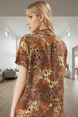 100% Viskoz Shally Dokuma Pijama Takımı Leopar Desenli Regular Kalıp Dayanıklı Malzeme