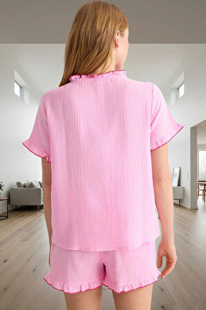 Yazlık Pamuklu Pijama Takımı Müslin Kumaş Regular Kalıp Boru Paça Şort Şık Görünüm Rahat Ve