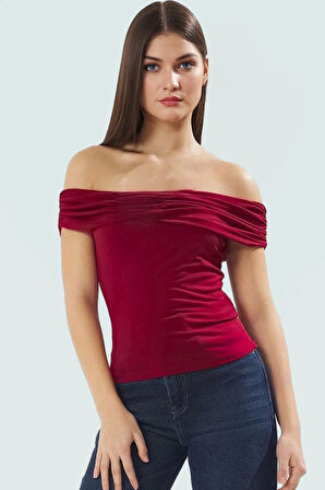 Rahat ve Şık Bluz Sandy Dokuma Polyester Elastan Karışımı Carmen Yaka Premium Kalite