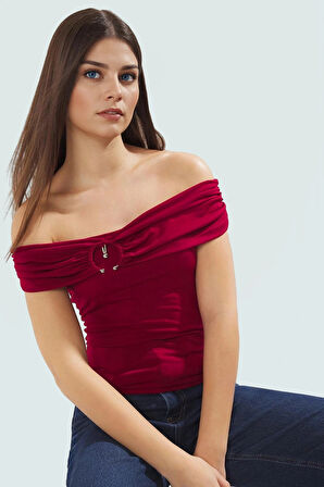 Rahat ve Şık Bluz Sandy Dokuma Polyester Elastan Karışımı Carmen Yaka Premium Kalite