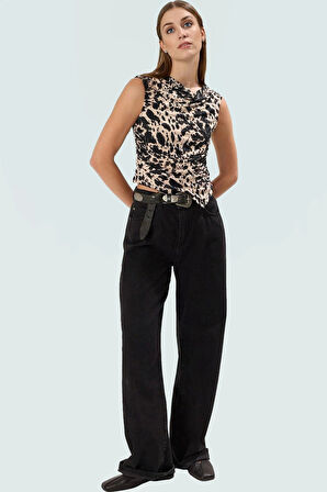 Şık Çok Asimetrik Bluz Polyester Örme Fitted Kalıp Dik Yaka Kaliteli İşçilik