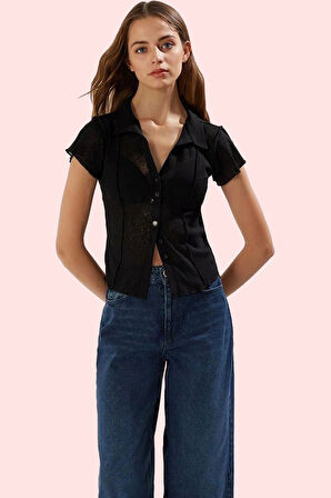 Kadın Polyester Gömlek Fitted Kalıp Kısa Kollu Yaka Yazlık Günlük Yaz Aylarının Vazgeçilmezi