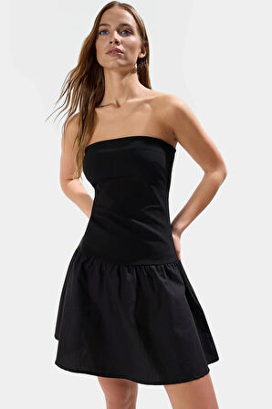 Straplez Dokuma Detaylı A Line Mini Örme Elbise Pamuklu Elastan Yazlık Mükemmel Uyum