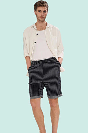 Erkek Yazlık Pamuk Straight Şort Çift Cepli Çizgili Rahat Günlük Kullanım Kaliteli Malzeme