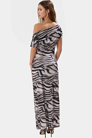 Şık Hayvan Desenli Örme Maxi Elbise Bodycon Kalıp 134 cm Boy Uzun Ömürlü