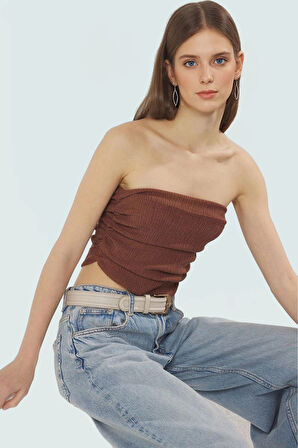 Büzgülü Örme Straplez Bluz Crop Fitted Rahat Yazlık Uzun Ömürlü Ve Şık