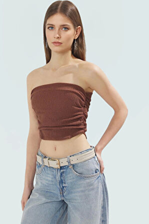 Büzgülü Örme Straplez Bluz Crop Fitted Rahat Yazlık Uzun Ömürlü Ve Şık
