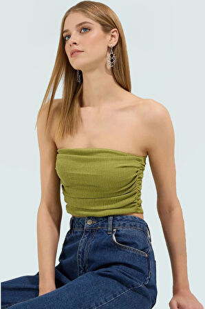 Büzgülü Örme Straplez Bluz Crop Fitted Rahat Yazlık Uzun Ömürlü Ve Şık