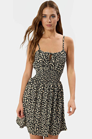 Örme Kumaşlı Kolsuz Mini Elbise Çiçek Desenli Bodycon Günlük Zarifane Tasarım