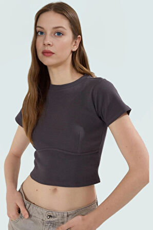 Örme Crop Bluz Bisiklet Yaka Fitted Kalıp Pamuklu Yazlık Kemersiz Uzun Ömürlü