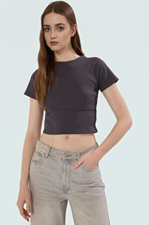 Örme Crop Bluz Bisiklet Yaka Fitted Kalıp Pamuklu Yazlık Kemersiz Uzun Ömürlü