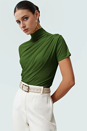 Polyester Elastan Örme Bluz Dik Yaka Fitted Kısa Kollu Yazlık Yüksek Kalite Rahat Kullanım