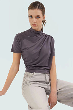 Polyester Elastan Örme Bluz Dik Yaka Fitted Kısa Kollu Yazlık Yüksek Kalite Rahat Kullanım