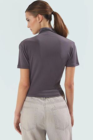 Polyester Elastan Örme Bluz Dik Yaka Fitted Kısa Kollu Yazlık Yüksek Kalite Rahat Kullanım