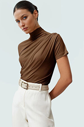 Polyester Elastan Örme Bluz Dik Yaka Fitted Kısa Kollu Yazlık Yüksek Kalite Rahat Kullanım