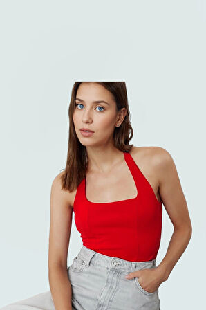 Rahat ve Şık Scuba Krep Crop Bluz Halter Yaka Polyester Karışımı Özenle Seçilmiş