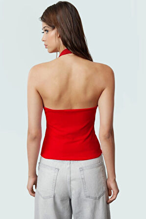 Rahat ve Şık Scuba Krep Crop Bluz Halter Yaka Polyester Karışımı Özenle Seçilmiş
