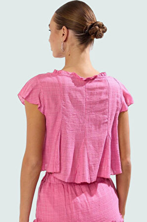 Şık Kadın Yazlık Bluz Etek Takımı Fırfırlı Detayli Pamuk Viskoz Crinkle Kumaş Zarifane Tasarım