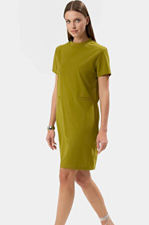 Şık Cep Detaylı Kadın Shift Mini Elbise Örme Krep Kumaş Rahat Günlük Modern Stil Kullanım