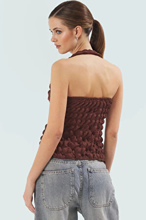 Asimetrik Boyundan Bağlamalı Bluz Örme Kumaş Fitted Kalıp Yazlık Konforlu Kesim