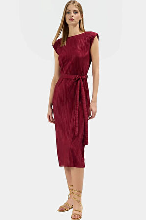 Polyester Örme Kumaş Midi Elbise Shift Kalıp Bisiklet Yaka Vatkalı Uzun Ömürlü